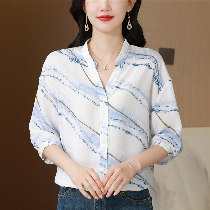 Chiffon thin V-neck tops short sleeve slim shirt for women
