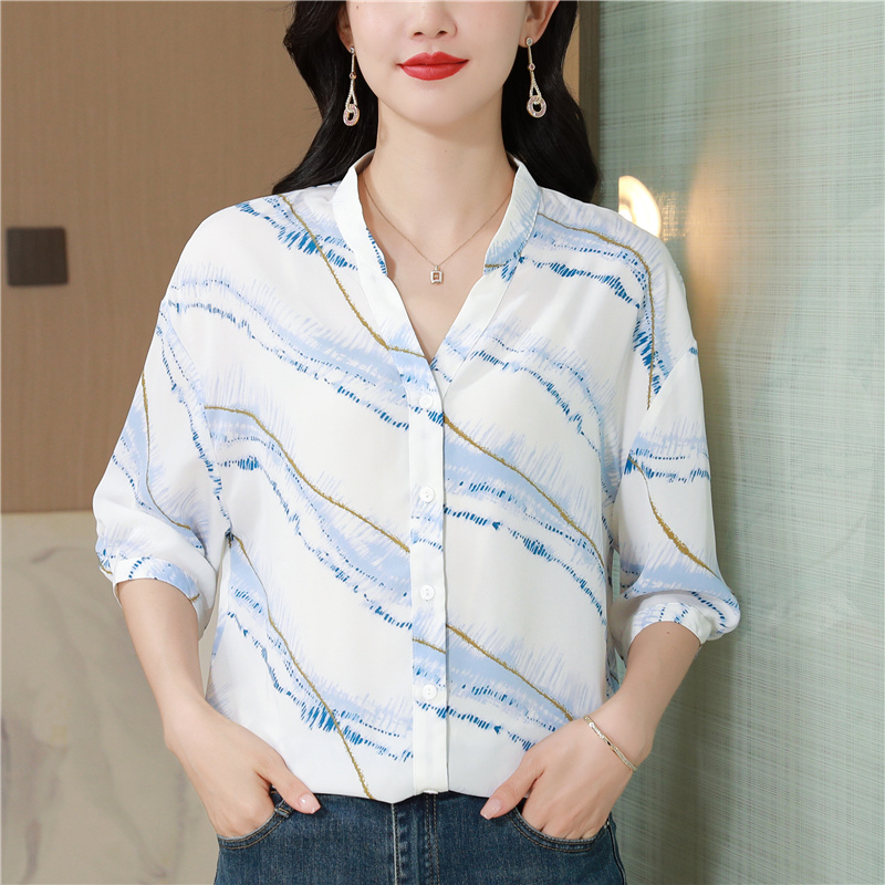 Chiffon thin V-neck tops short sleeve slim shirt for women