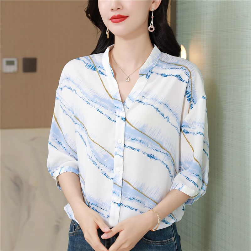Chiffon thin V-neck tops short sleeve slim shirt for women