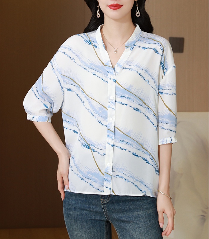 Chiffon thin V-neck tops short sleeve slim shirt for women