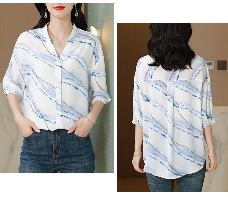 Chiffon thin V-neck tops short sleeve slim shirt for women