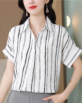 Stripe silk tops temperament commuting shirt for women