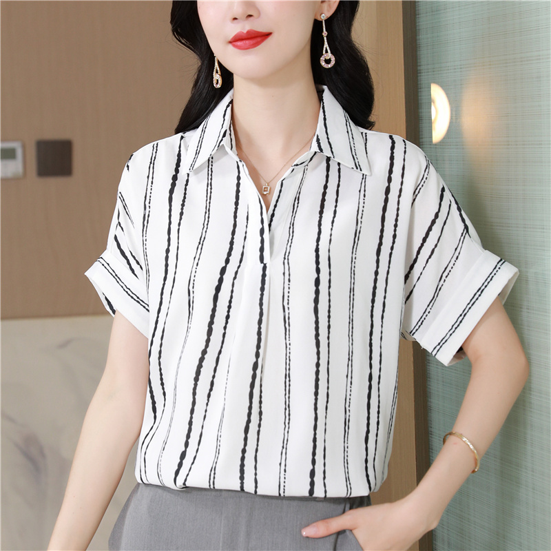 Stripe silk tops temperament commuting shirt for women