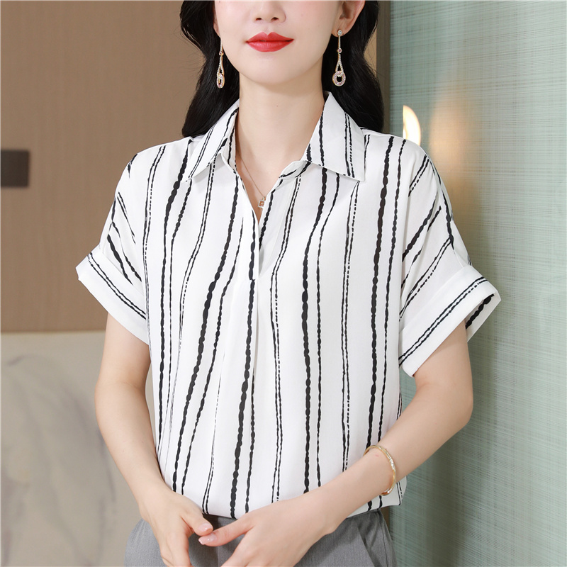 Stripe silk tops temperament commuting shirt for women