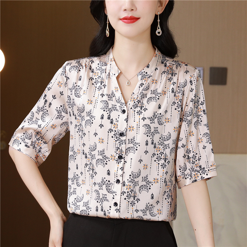 Casual fashion short sleeve silk real silk shirt for women