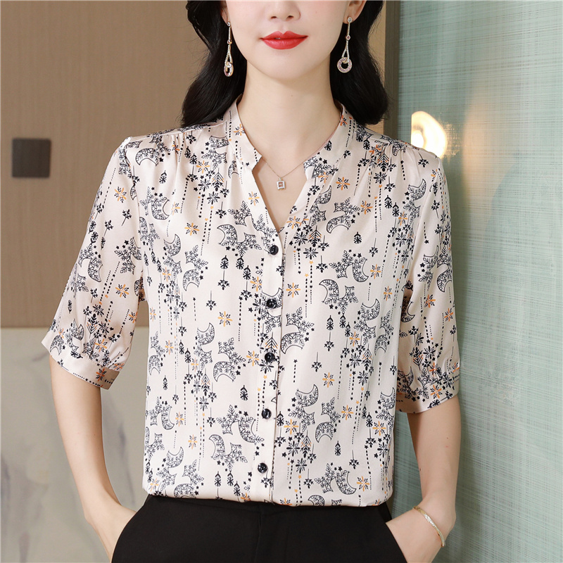 Casual fashion short sleeve silk real silk shirt for women