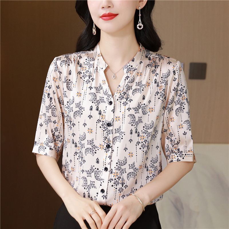 Casual fashion short sleeve silk real silk shirt for women