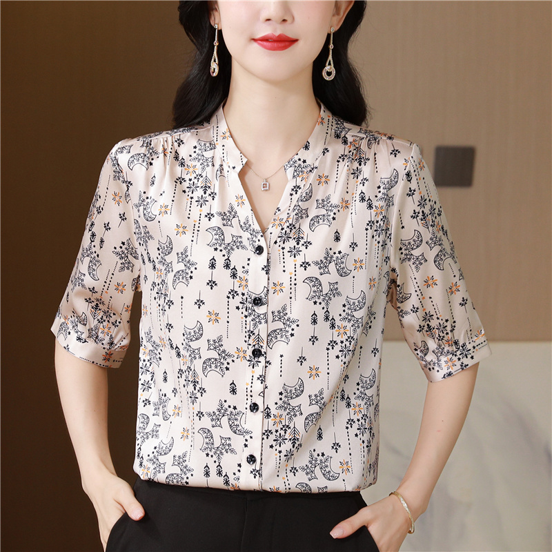Casual fashion short sleeve silk real silk shirt for women