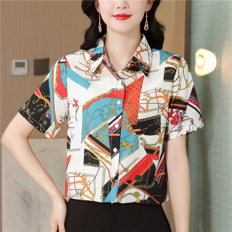 Slim printing real silk shirt lapel temperament tops
