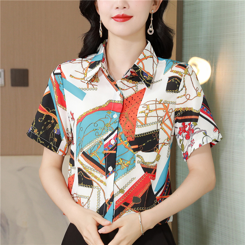 Slim printing real silk shirt lapel temperament tops