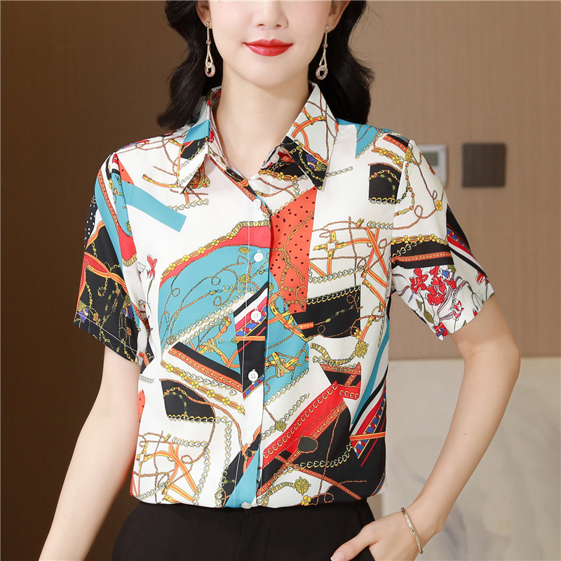 Slim printing real silk shirt lapel temperament tops