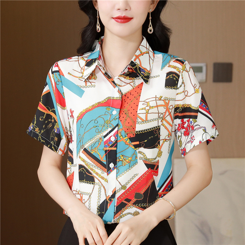 Slim printing real silk shirt lapel temperament tops