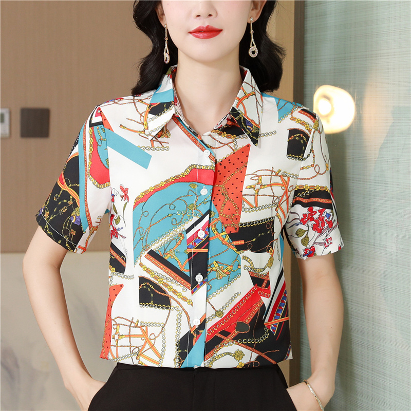 Slim printing real silk shirt lapel temperament tops
