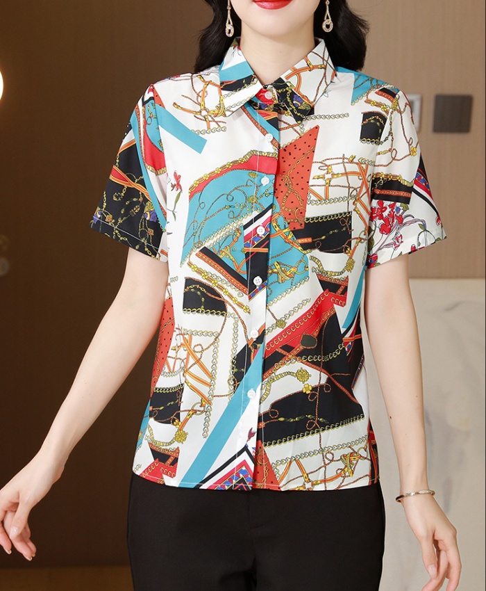 Slim printing real silk shirt lapel temperament tops