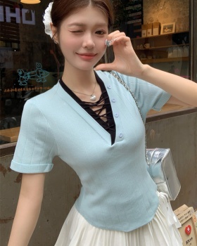 Pseudo-two France style short sleeve unique refinement tops