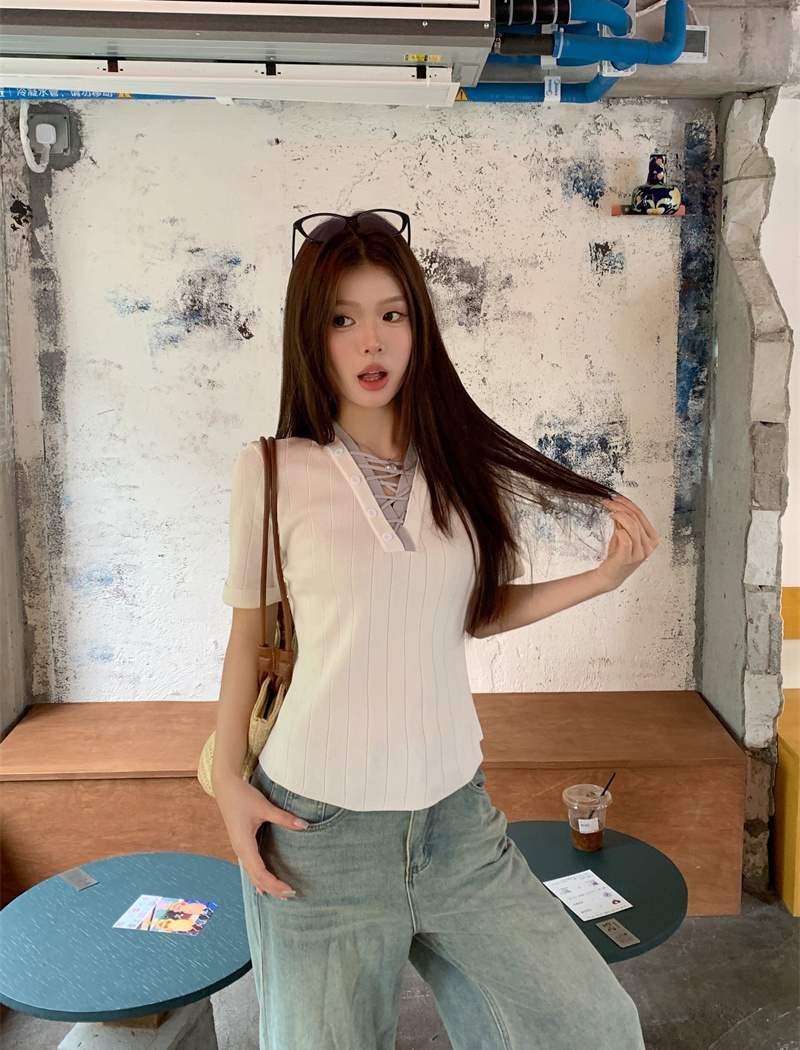 Pseudo-two France style short sleeve unique refinement tops