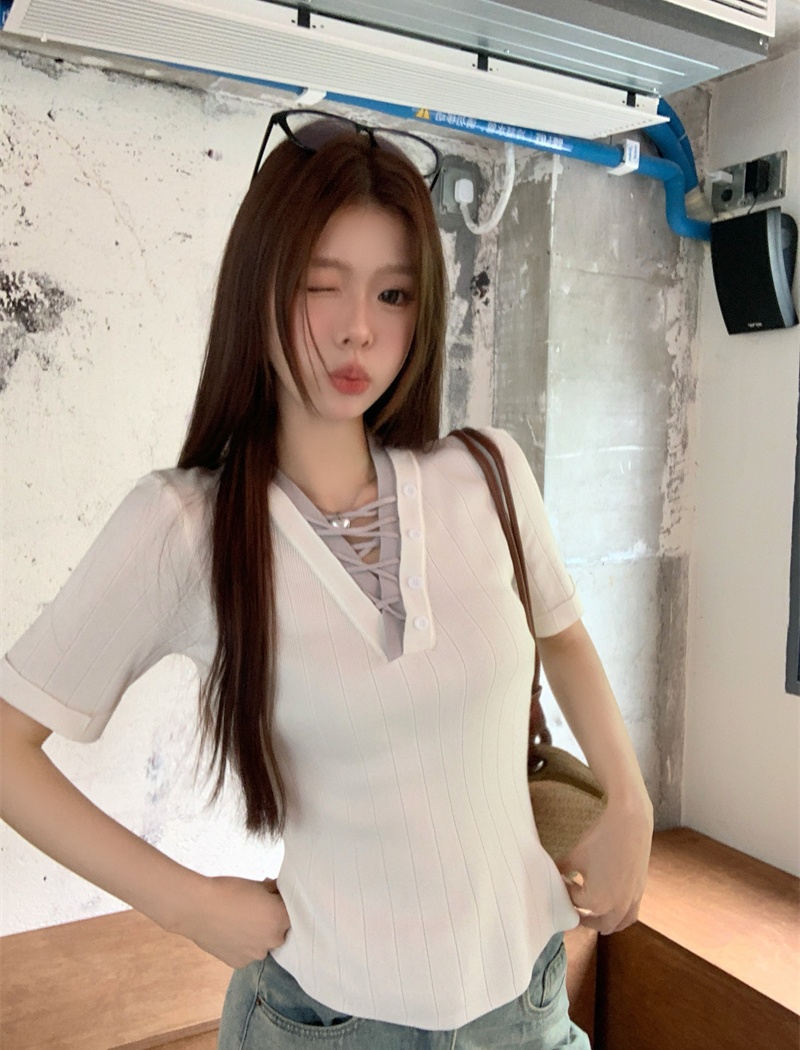 Pseudo-two France style short sleeve unique refinement tops