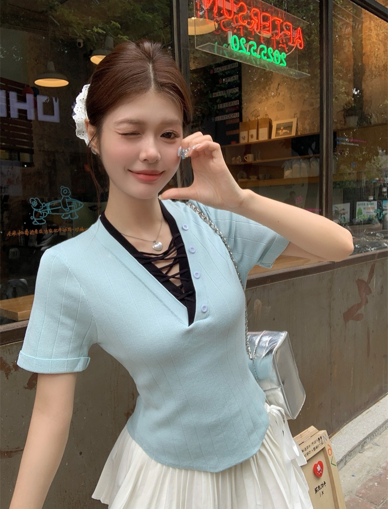 Pseudo-two France style short sleeve unique refinement tops