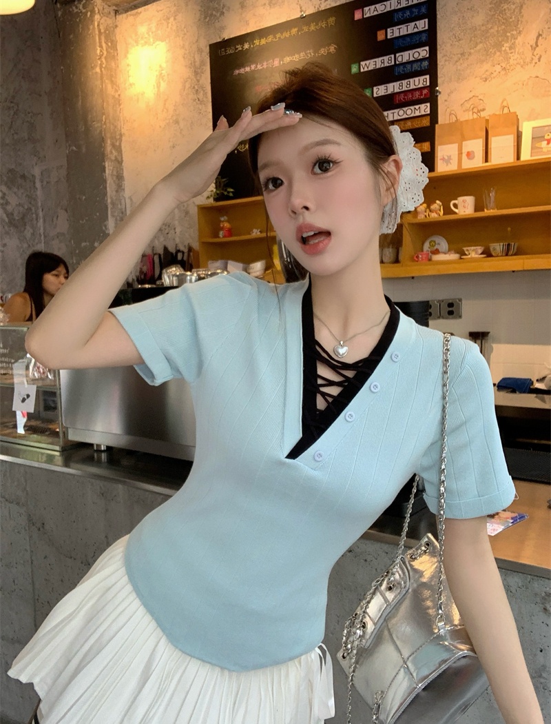 Pseudo-two France style short sleeve unique refinement tops