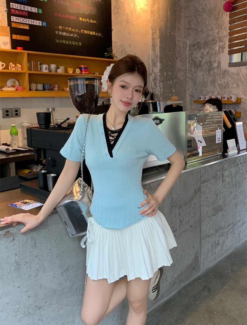 Pseudo-two France style short sleeve unique refinement tops