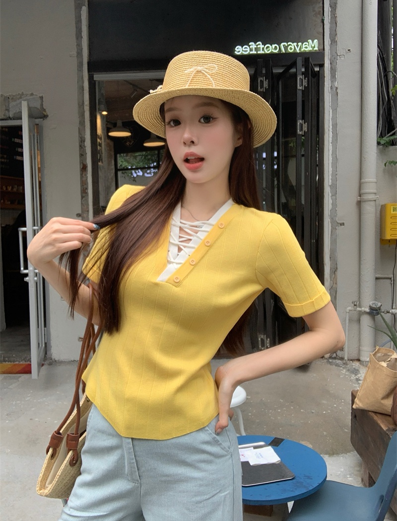 Pseudo-two France style short sleeve unique refinement tops