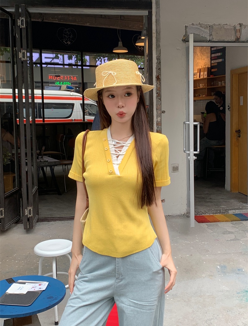 Pseudo-two France style short sleeve unique refinement tops