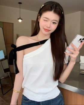 Spicegirl bow knitted T-shirt bandage sloping shoulder tops
