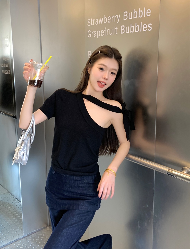 Spicegirl bow knitted T-shirt bandage sloping shoulder tops