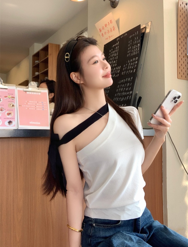 Spicegirl bow knitted T-shirt bandage sloping shoulder tops