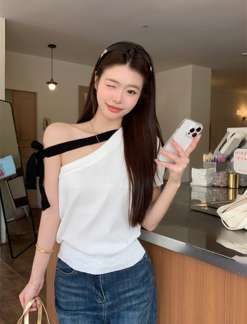 Spicegirl bow knitted T-shirt bandage sloping shoulder tops