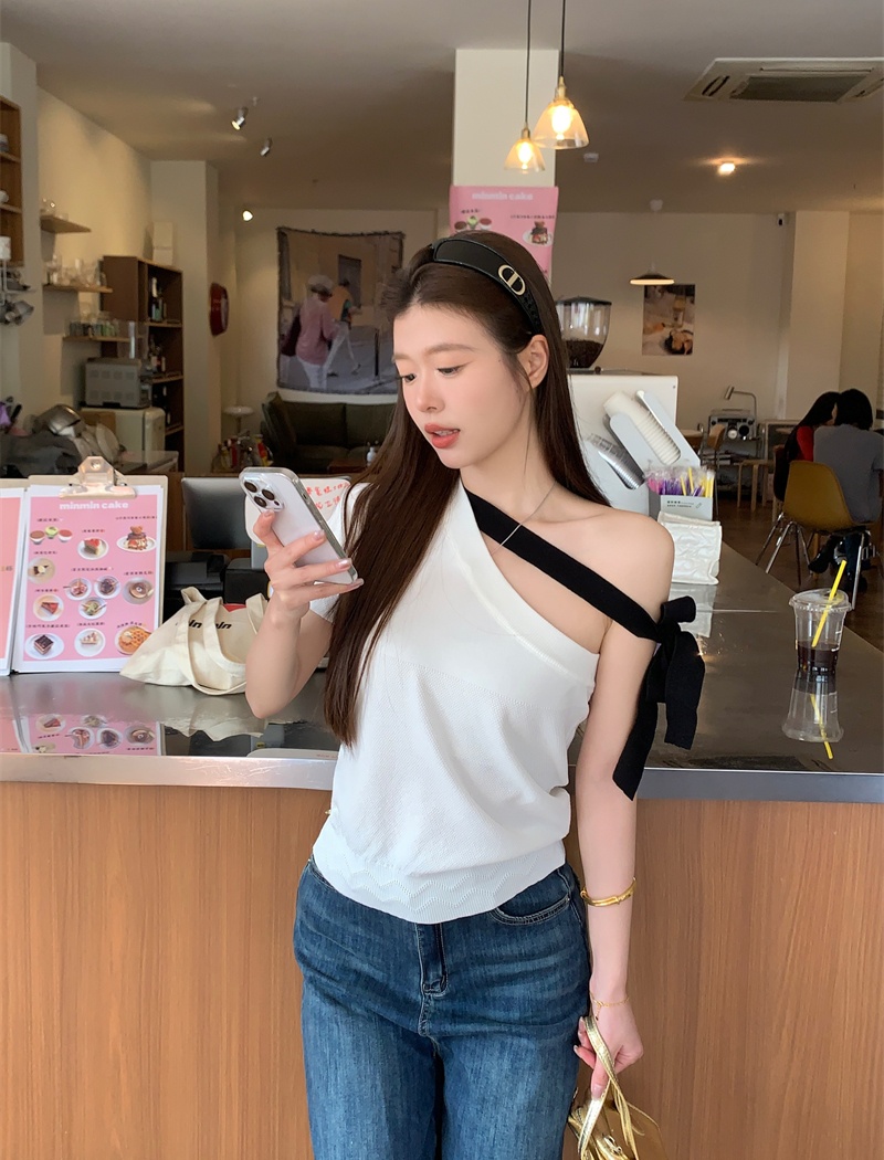 Spicegirl bow knitted T-shirt bandage sloping shoulder tops
