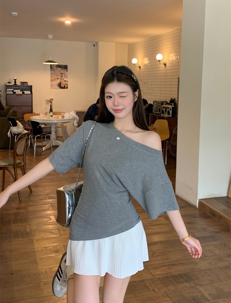 Sloping shoulder slim tops irregular T-shirt for women