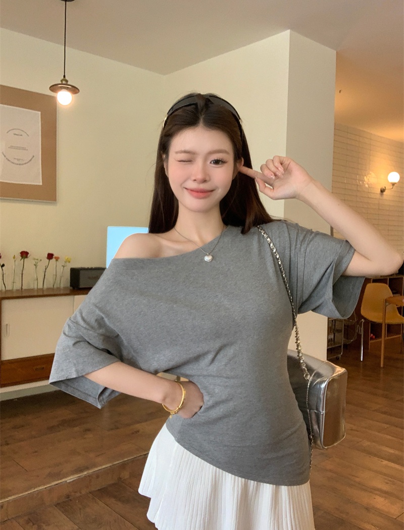Sloping shoulder slim tops irregular T-shirt for women