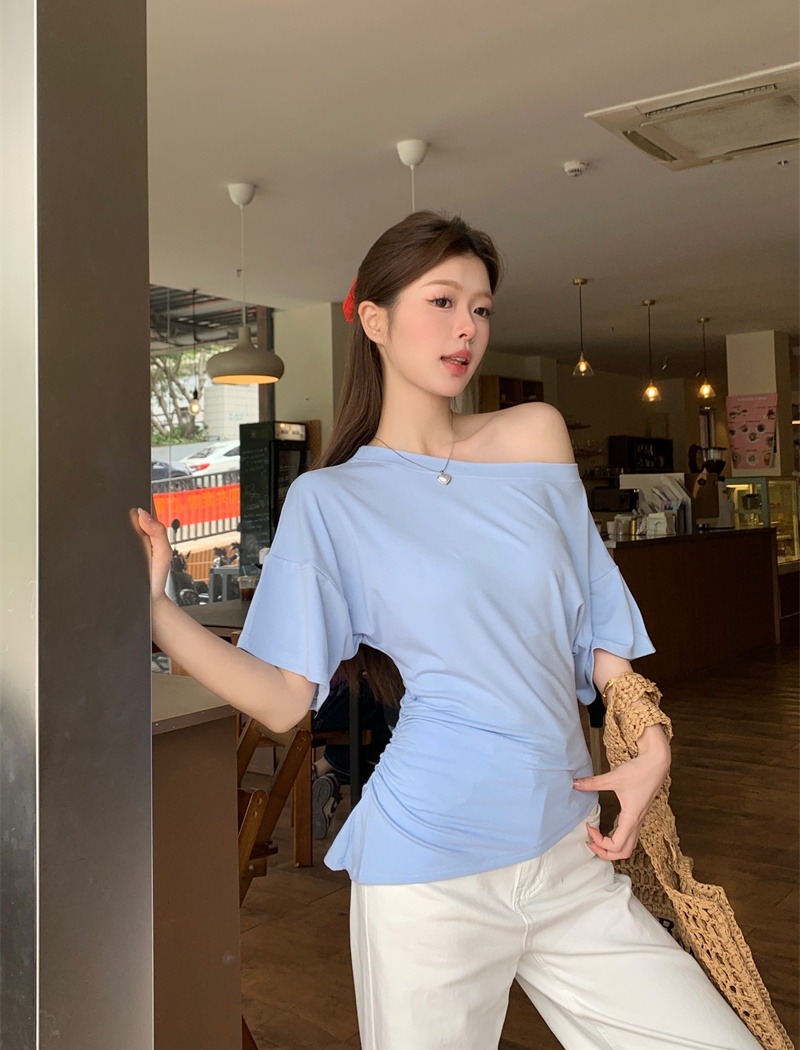 Sloping shoulder slim tops irregular T-shirt for women