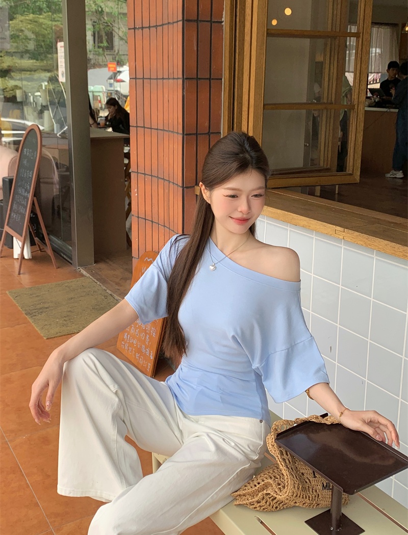 Sloping shoulder slim tops irregular T-shirt for women