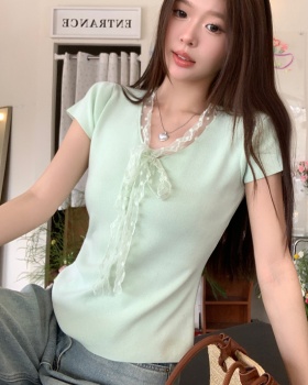Splice short sleeve slim tops tender lace sweater for women