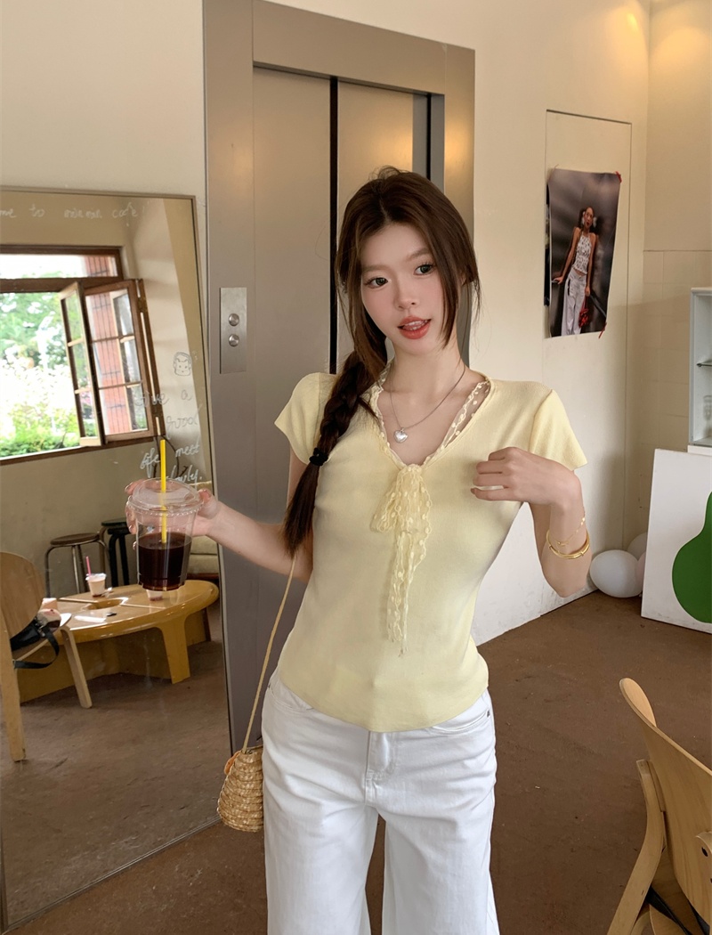 Splice short sleeve slim tops tender lace sweater for women