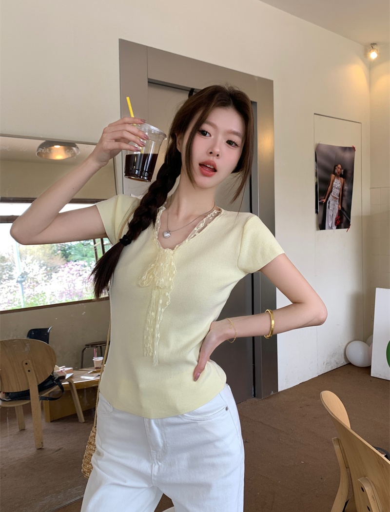 Splice short sleeve slim tops tender lace sweater for women