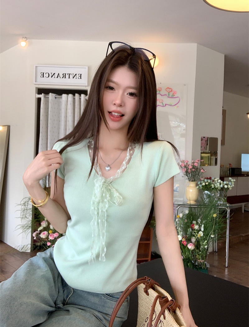 Splice short sleeve slim tops tender lace sweater for women