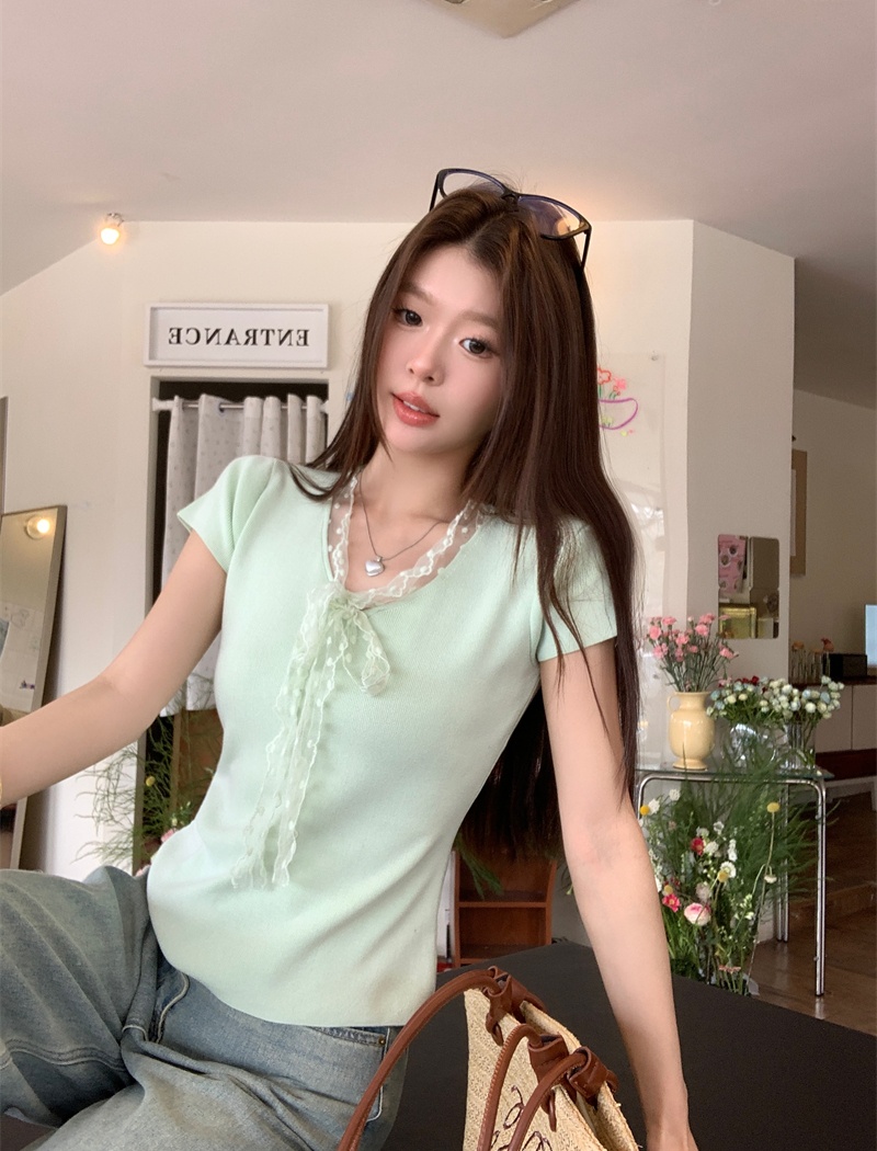 Splice short sleeve slim tops tender lace sweater for women