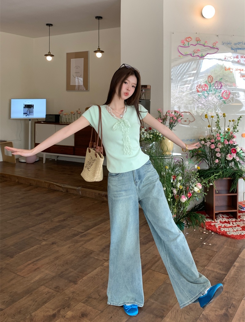 Splice short sleeve slim tops tender lace sweater for women