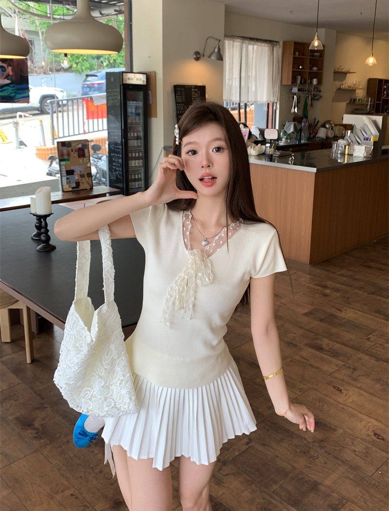 Splice short sleeve slim tops tender lace sweater for women