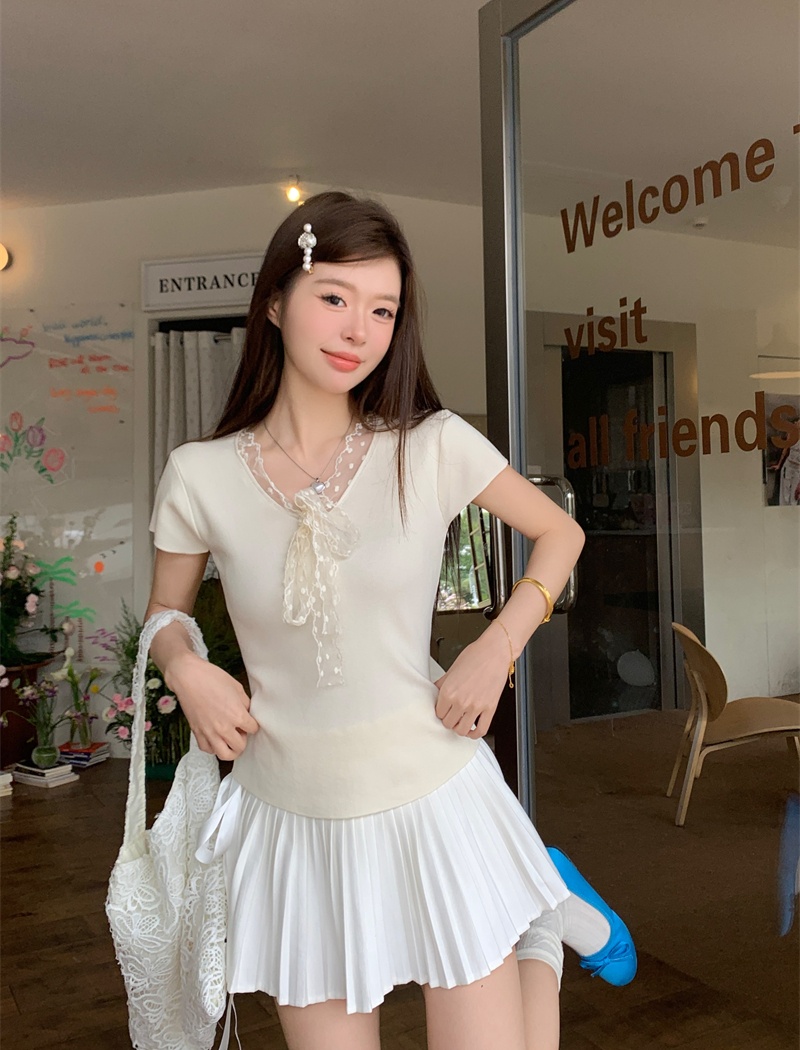 Splice short sleeve slim tops tender lace sweater for women