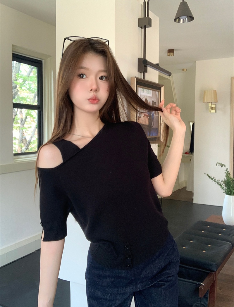 Strapless knitted unique T-shirt summer slit small shirt