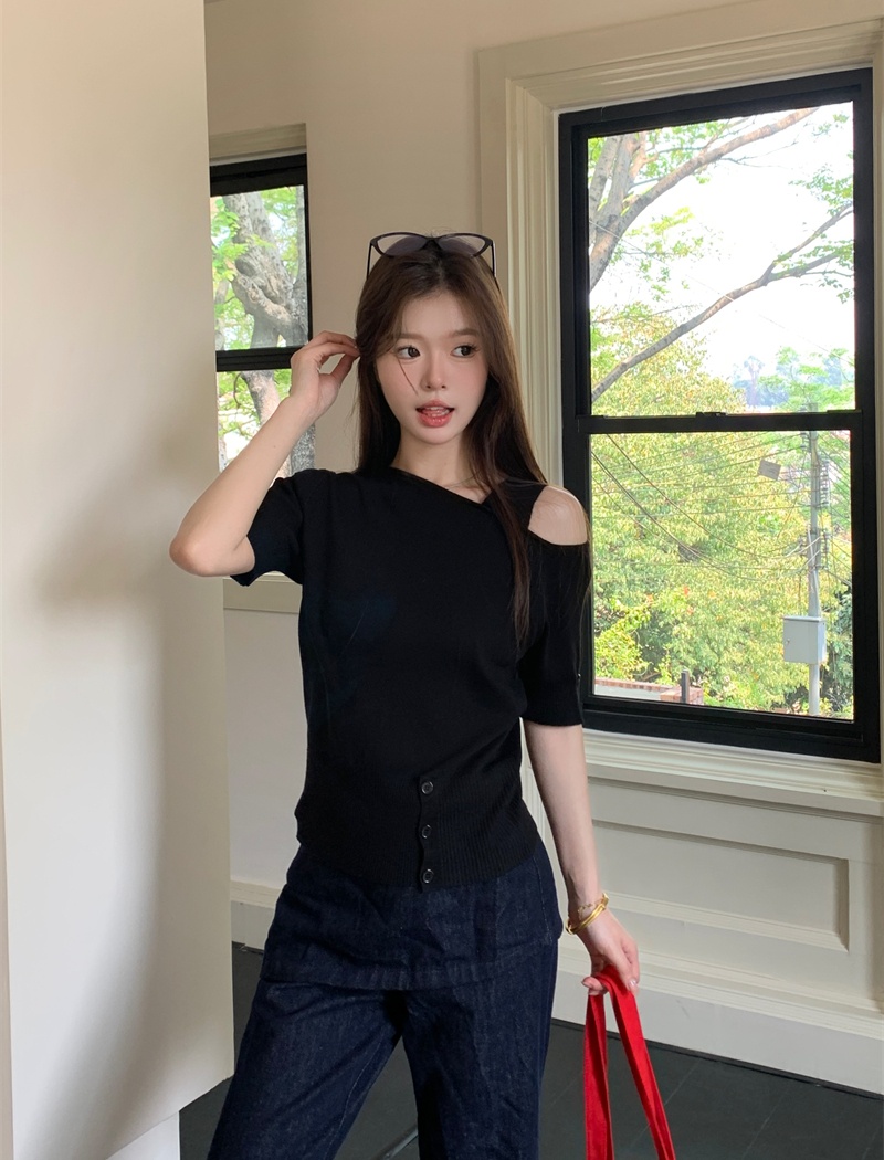 Strapless knitted unique T-shirt summer slit small shirt