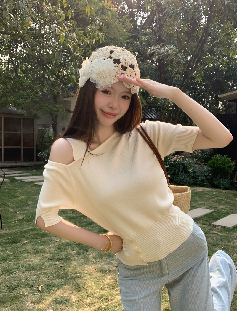 Strapless knitted unique T-shirt summer slit small shirt