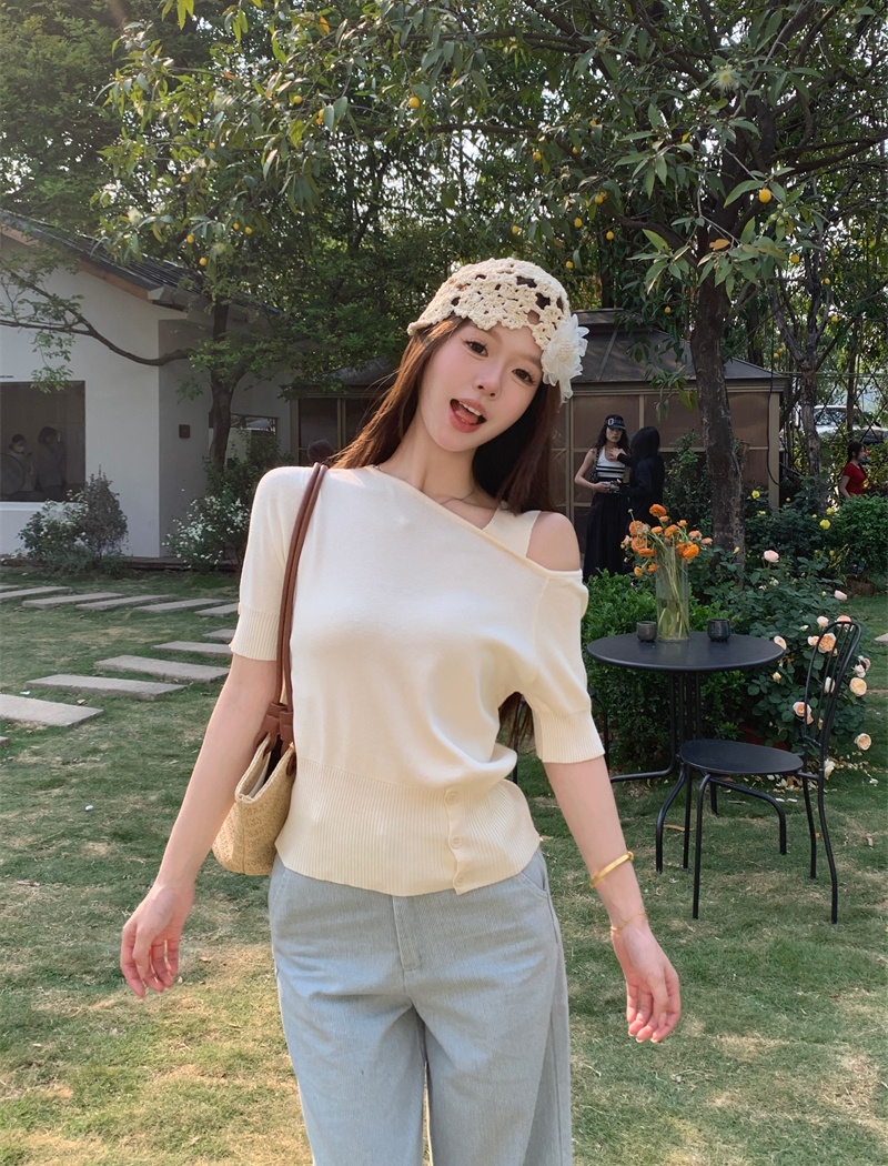 Strapless knitted unique T-shirt summer slit small shirt