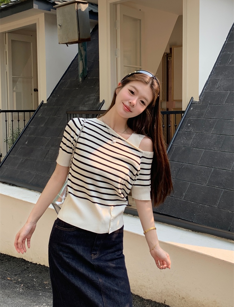 Strapless knitted unique T-shirt summer slit small shirt