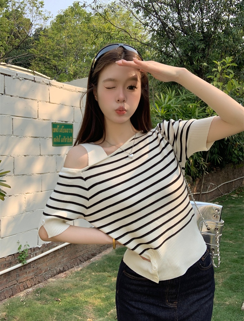 Strapless knitted unique T-shirt summer slit small shirt