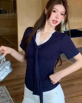 Short sleeve splice T-shirt summer Pseudo-two shawl for women